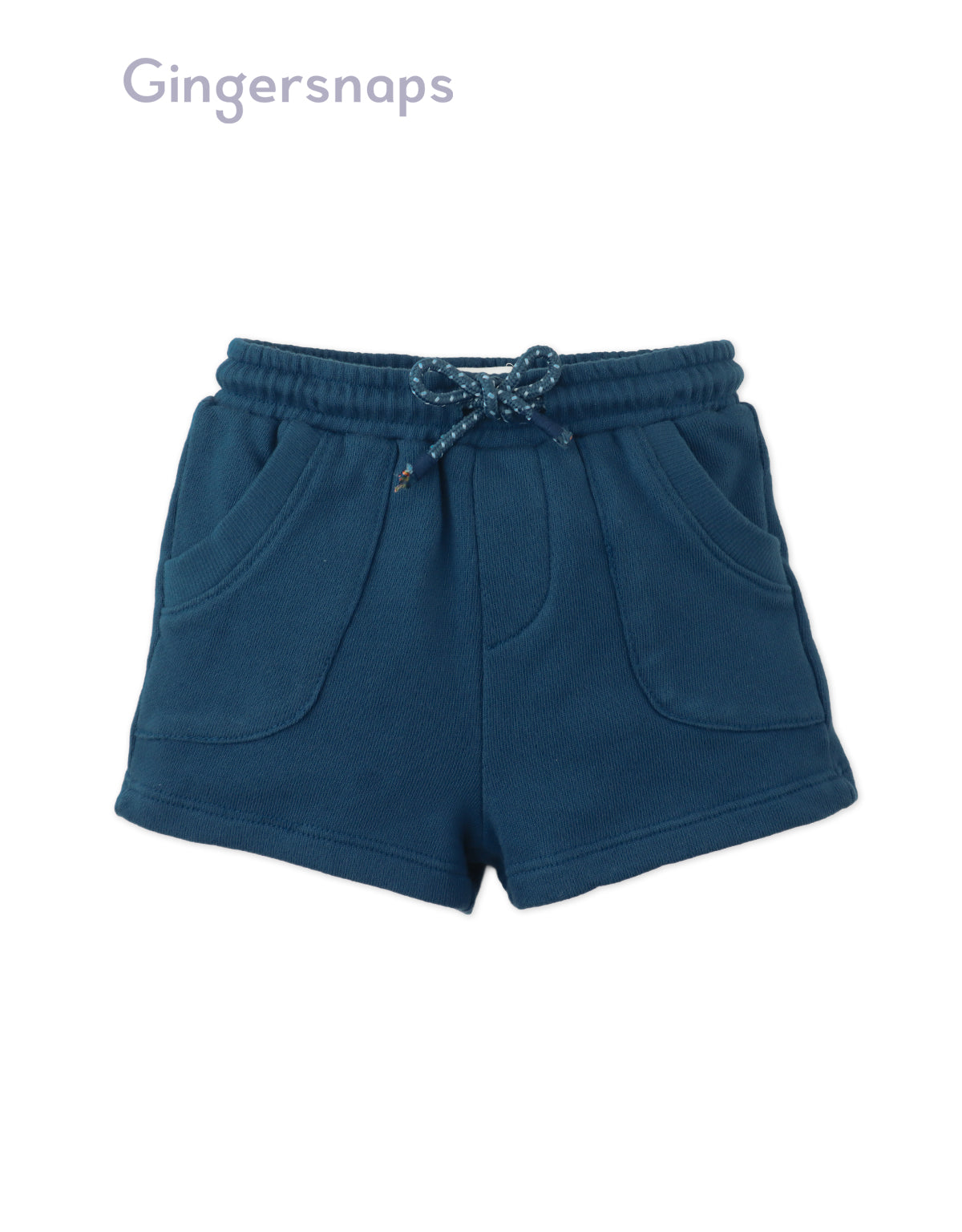 Full front catalog image of the Lenny Pull-On Shorts with Ribbed Details in dark blue worn by young boy model from the streetwear-inspired collection of Gingersnaps Philippines.