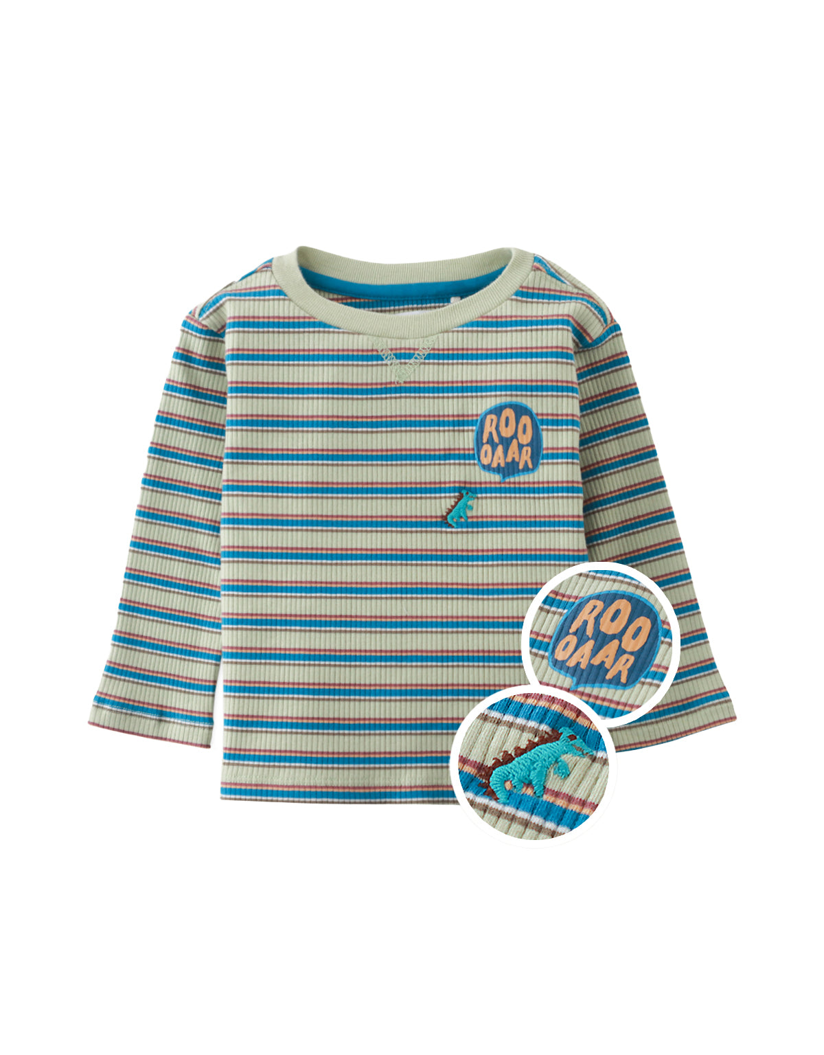 BABY OLAF LONG SLEEVES T-SHIRT STRIPED MEADOW WITH EMBROIDERED DINO AND PRINT DETAIL