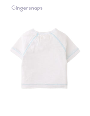 Full back photo of Baby Kevin Jersey Raglan Tee in white showing a relaxed baby fit and smooth back finish, from the Holiday collection of Filipino kids fashion brand Gingersnaps Philippines.