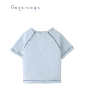 Full back photo of Baby Kevin Jersey Raglan Tee in blue showing a relaxed baby fit and smooth back finish, from the Holiday collection of Filipino kids fashion brand Gingersnaps Philippines.