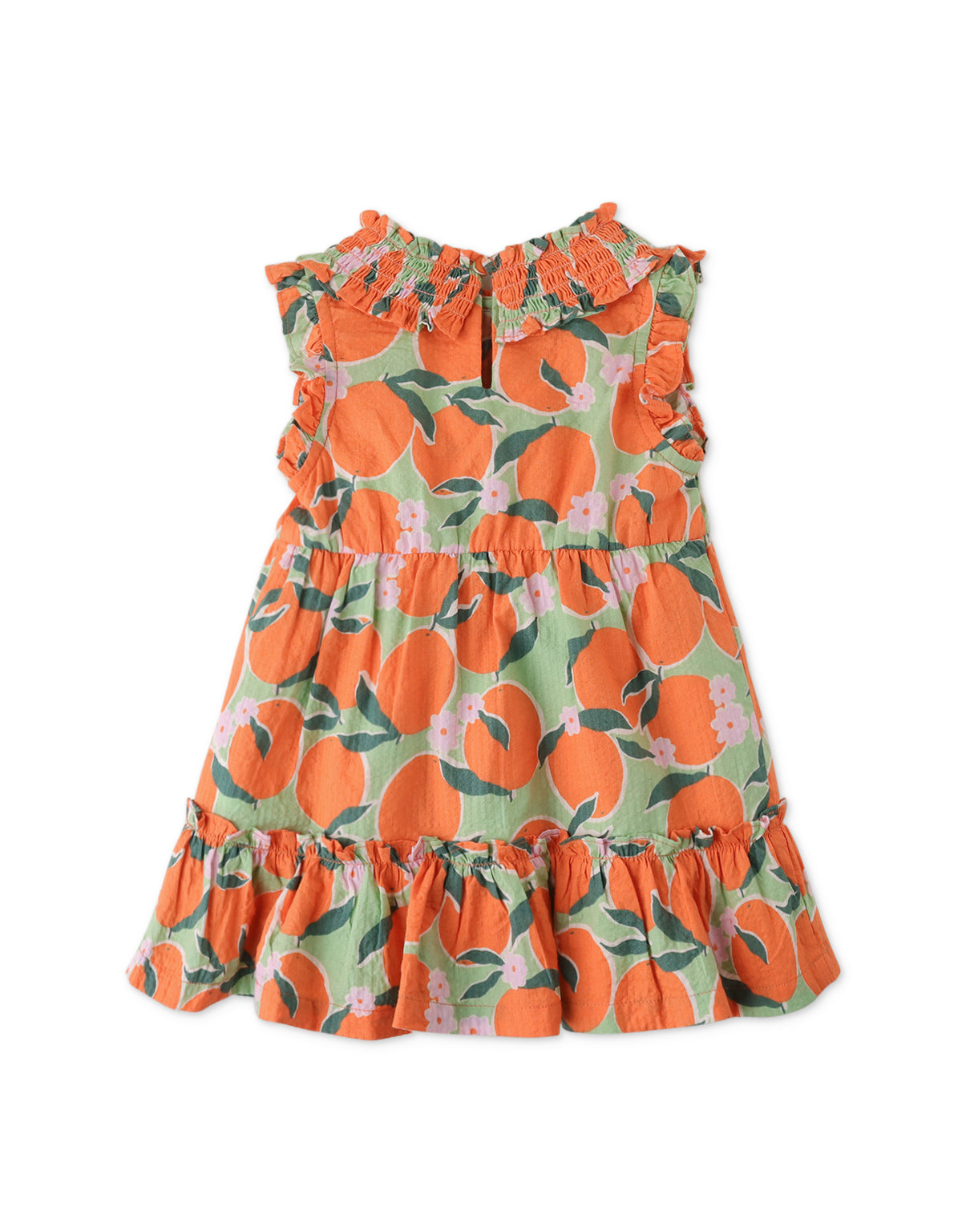 BABY GIRLS ORANGE PRINTED SMOCKED DRESS WITH RUFFLE SLEEVES