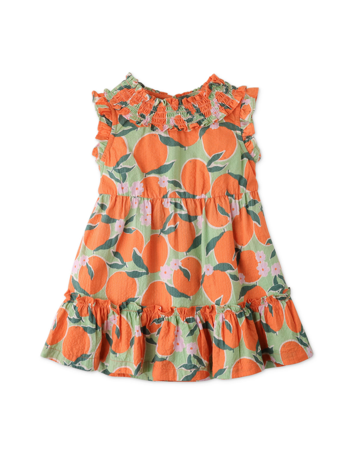 BABY GIRLS ORANGE PRINTED SMOCKED DRESS WITH RUFFLE SLEEVES