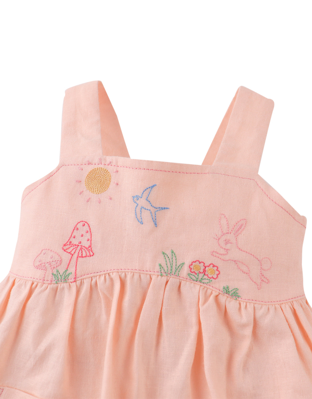 Close-up front detail of the Baby Kayla Apron Dress with Bunny Embroidery, highlighting the bunny embroidery and apron-style construction from the Spring Summer collection of Gingersnaps Philippines.