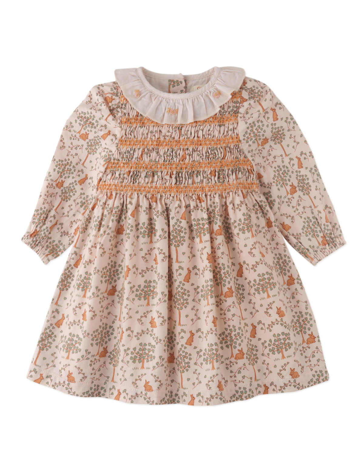 BABY TRIXIE SMOCKED DRESS BUNNYMEADOWS WITH RUFFLE COLLAR AND ROSE BULLION EMBROIDERY DETAILS