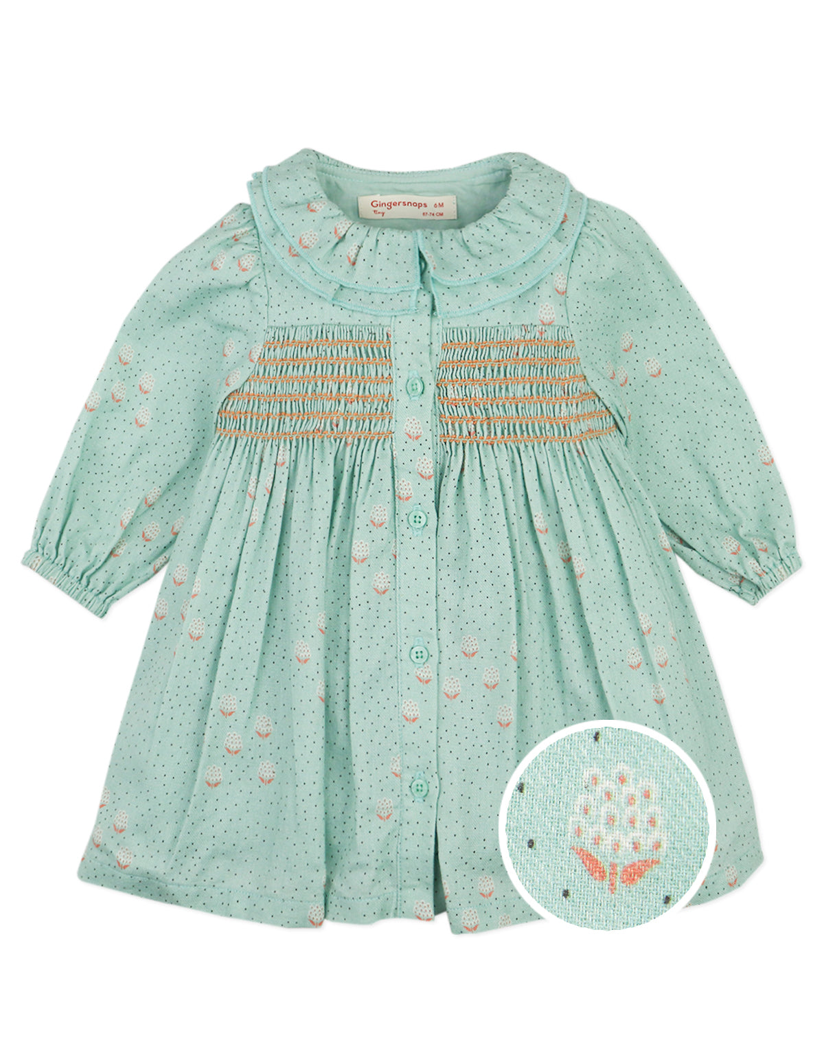 BABY  TILDA LONG SLEEVES MINT GROVE DRESS WITH SMOCKING DETAIL