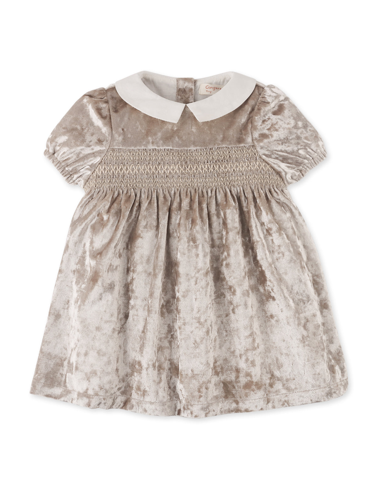 BABY SELINA SHORT SLEEVES SMOCKED DRESS GOLDSANDS WITH COLLAR AND EMBROIDERY DETAILS