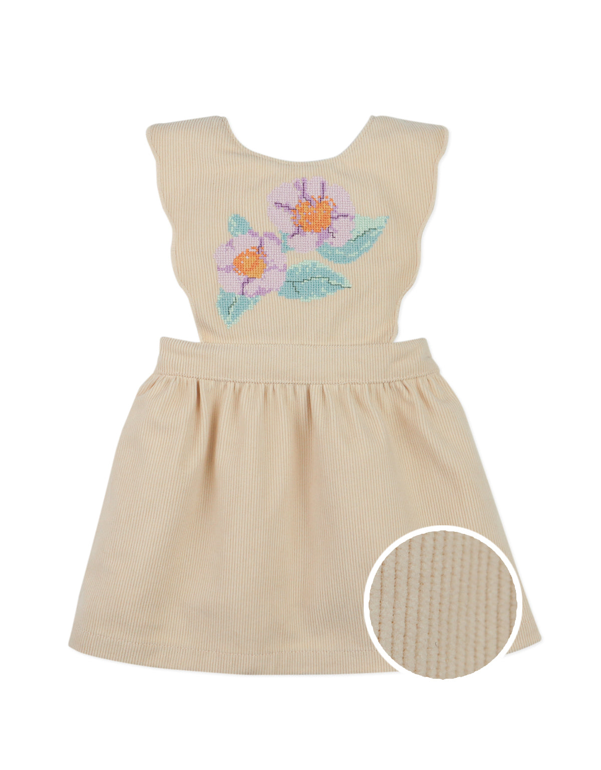 BABY  ANNELIESE PINAFORE DRESS BEIGE WITH CROSS-STITCH AND SCALLOP EMBROIDERY DETAILS