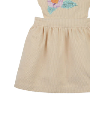 Baby Anneliese Pinafore Dress Beige With Cross-Stitch And Scallop Embroidery Details front view