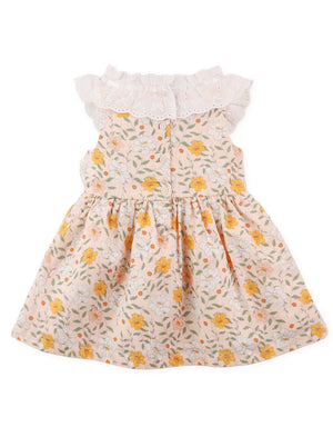 Full back view of floral printed dress with embroidered ruffle collar and puff sleeves From Gingersnaps Floral Grace Collection