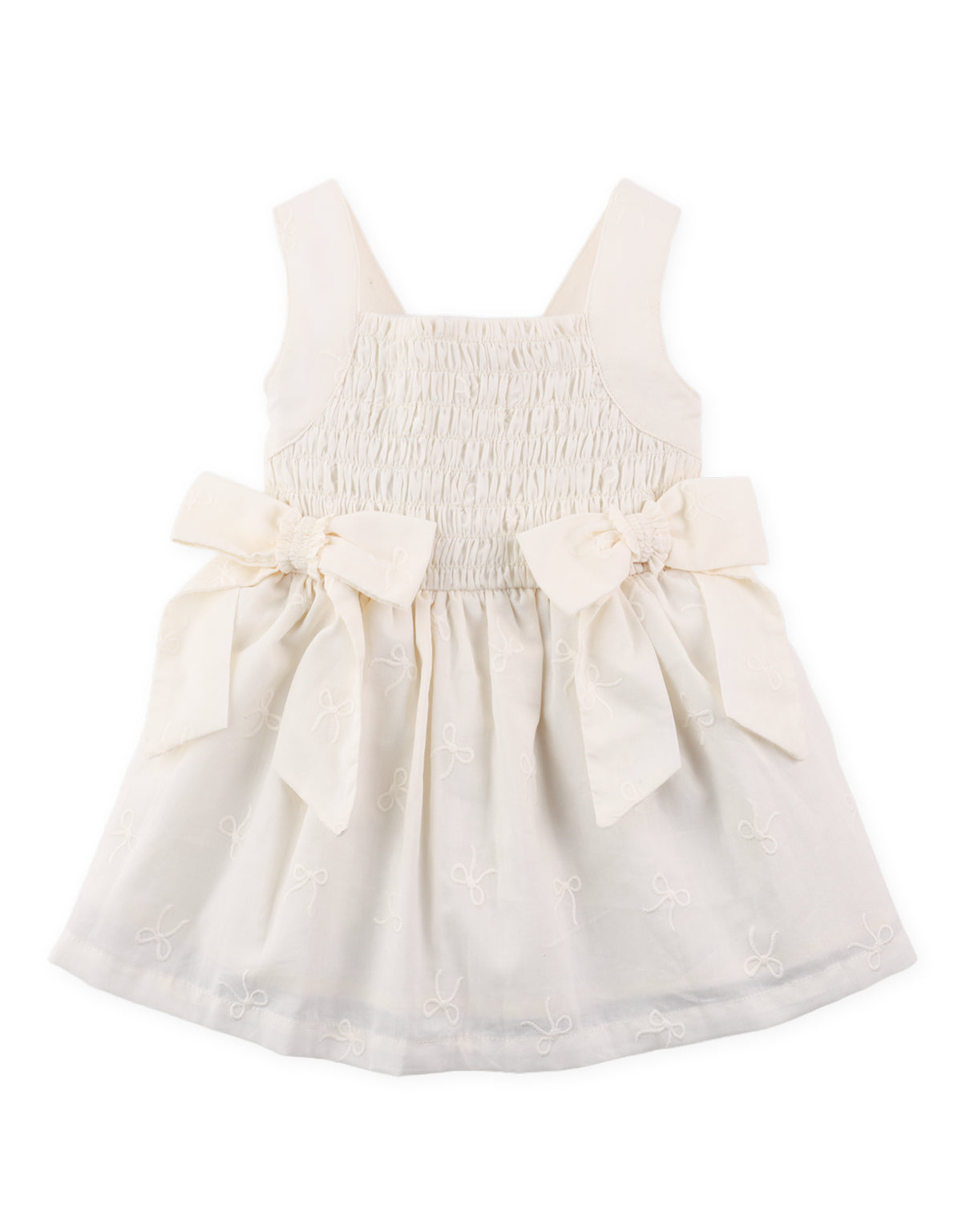 Full front view of smocked dress with tiny bow embroidery and oversized self-fabric bow accent From Gingersnaps Floral Grace Collection