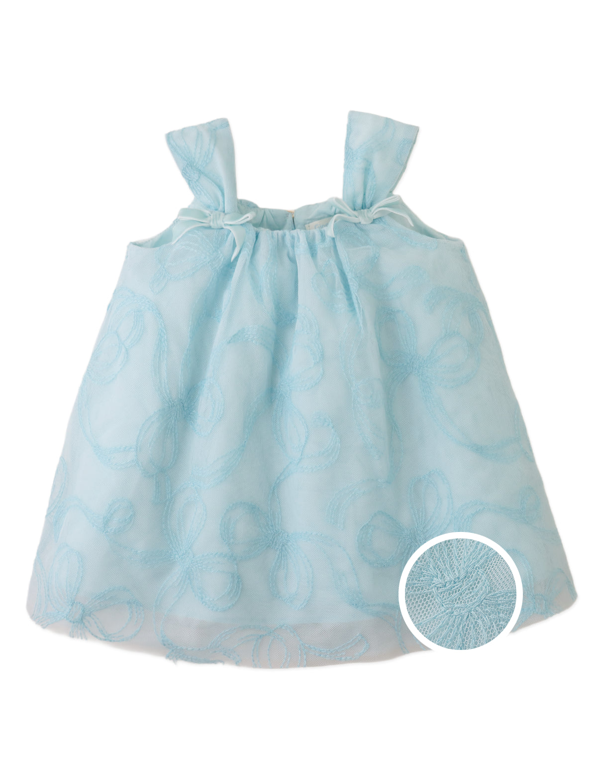 BABY MILLIE TULLE DRESS WITH EMBROIDERED BOWS AND VELVET STRAP TIES