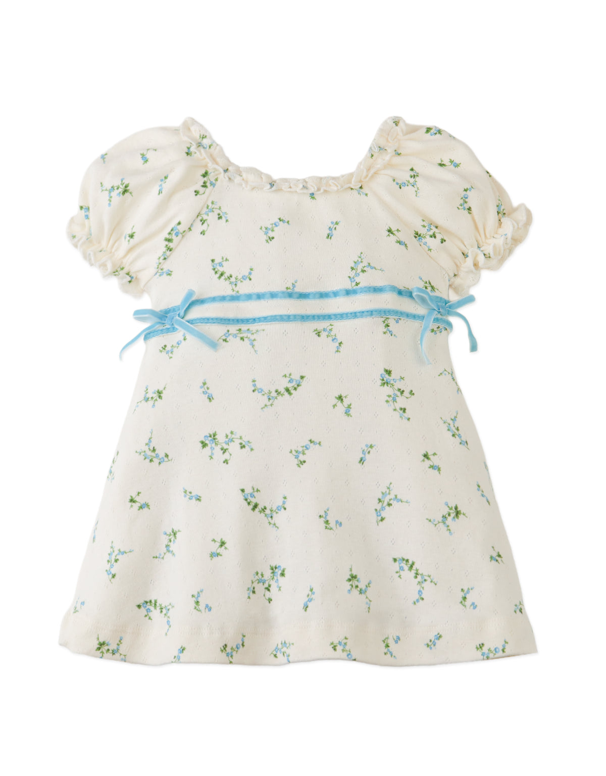 Details front photo of Baby Giselle Puff Sleeves Dress with satin ribbon trim on waist, showing floral print details, puff sleeve gathers, and satin ribbon accent, from the Holiday collection of Filipino kids fashion brand Gingersnaps Philippines.