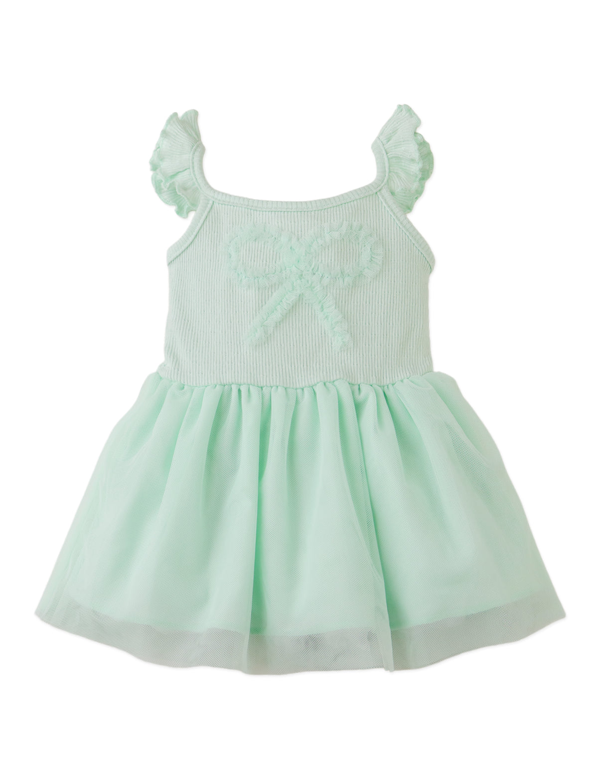 Details front photo of Baby Elara Drop-Waist Dress with tulle skirt in pastel green, showing knotted accents at the bodice and layered tulle skirt detail, from the Holiday collection of Filipino kids fashion brand Gingersnaps Philippines.