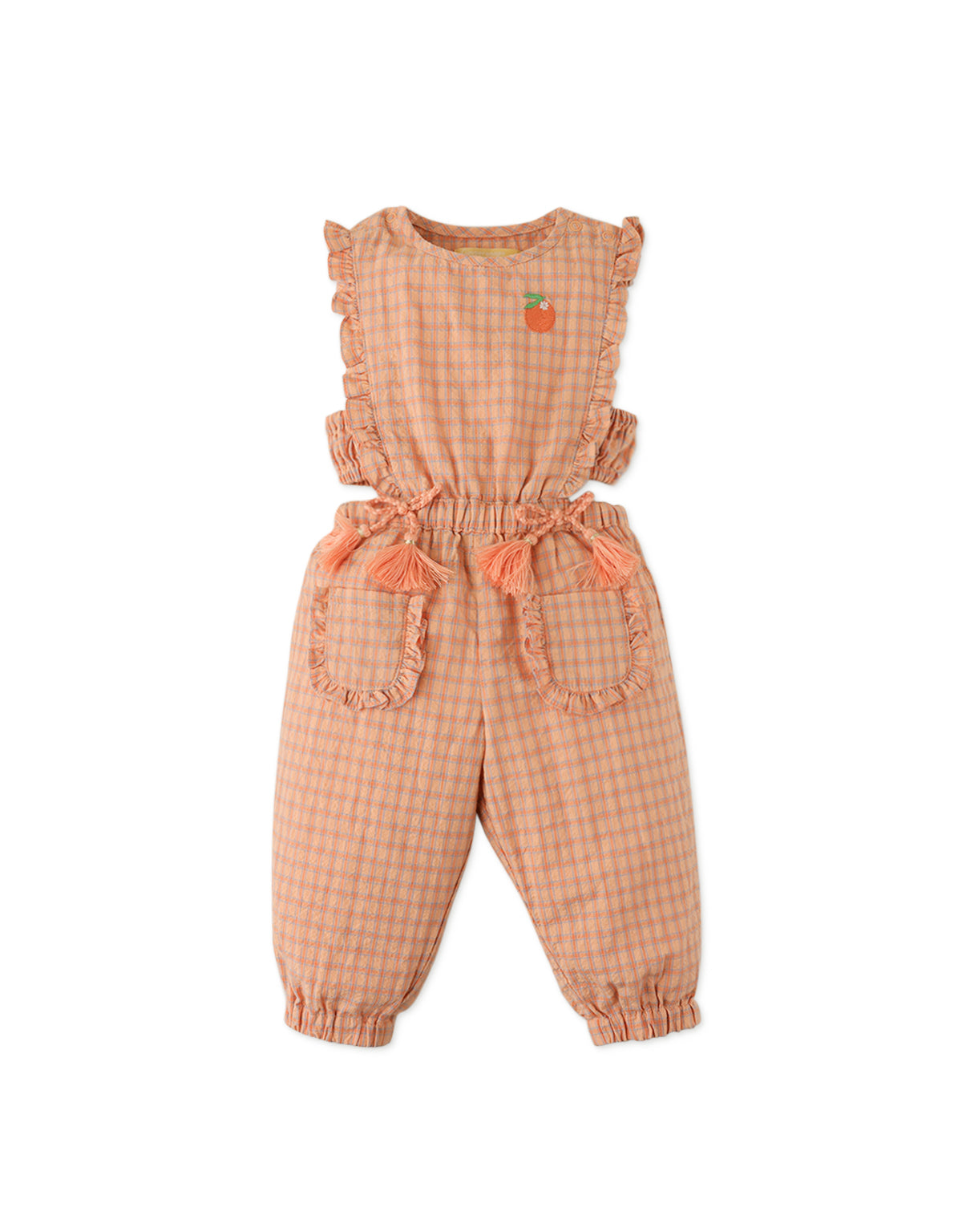 BABY GIRLS CHECKERED JUMPSUIT WITH SMALL ORANGE EMBRO PATCH