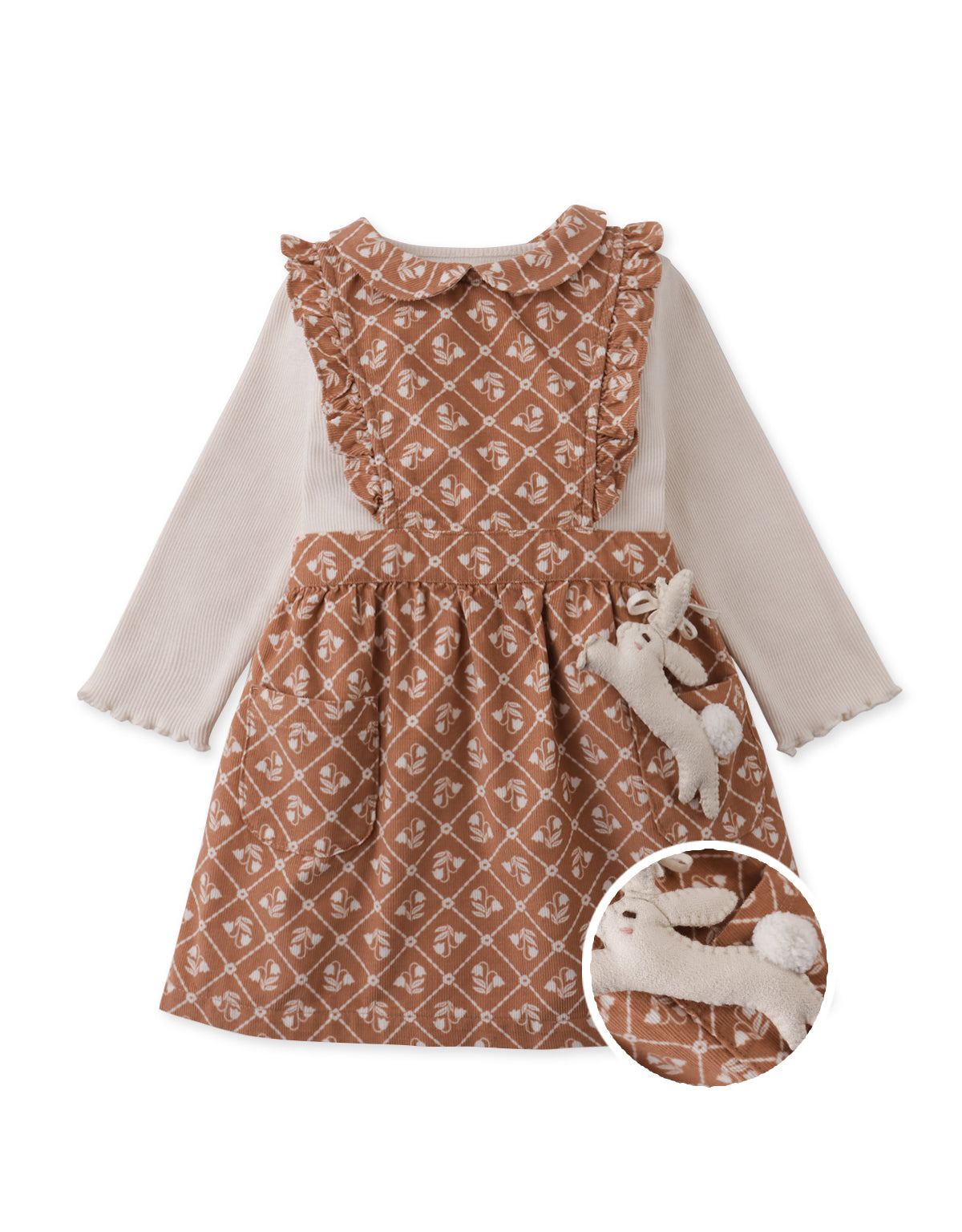 BABY SABRINA PINAFORE DRESS BROWNFIELDS WITH LONG SLEEVES INNER RIBBED TEE AND BUNNY PLUSHIE