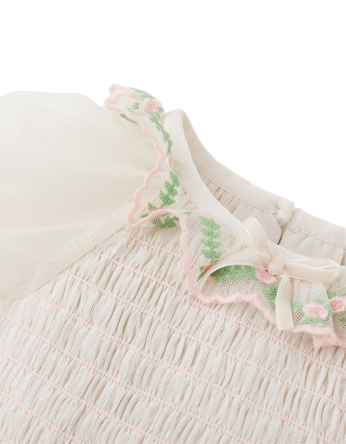 BABY VERONICA PUFF SLEEVES SMOCKED SKIRT SET WITH EMBROIDERY AND VELVET RIBBON