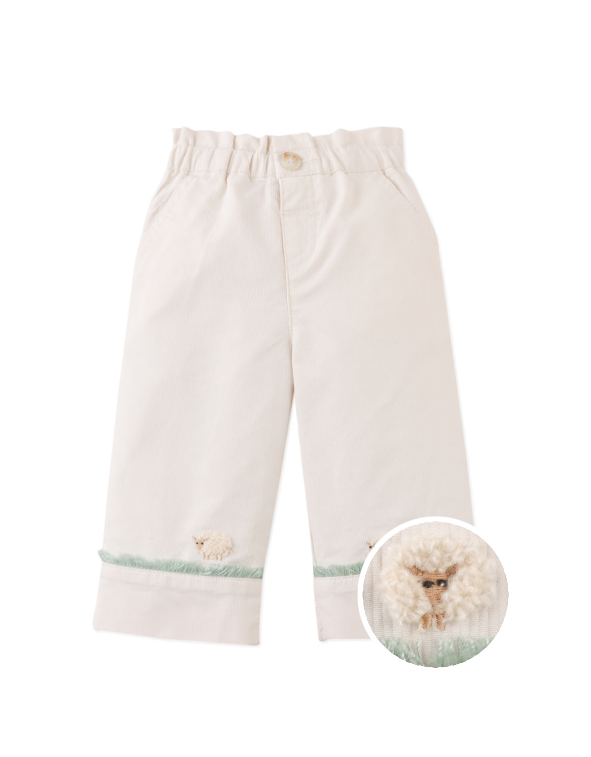BABY  MICAH PANTS WITH TINY SHEEPS EMBROIDERY AND FRINGE ACCENTS