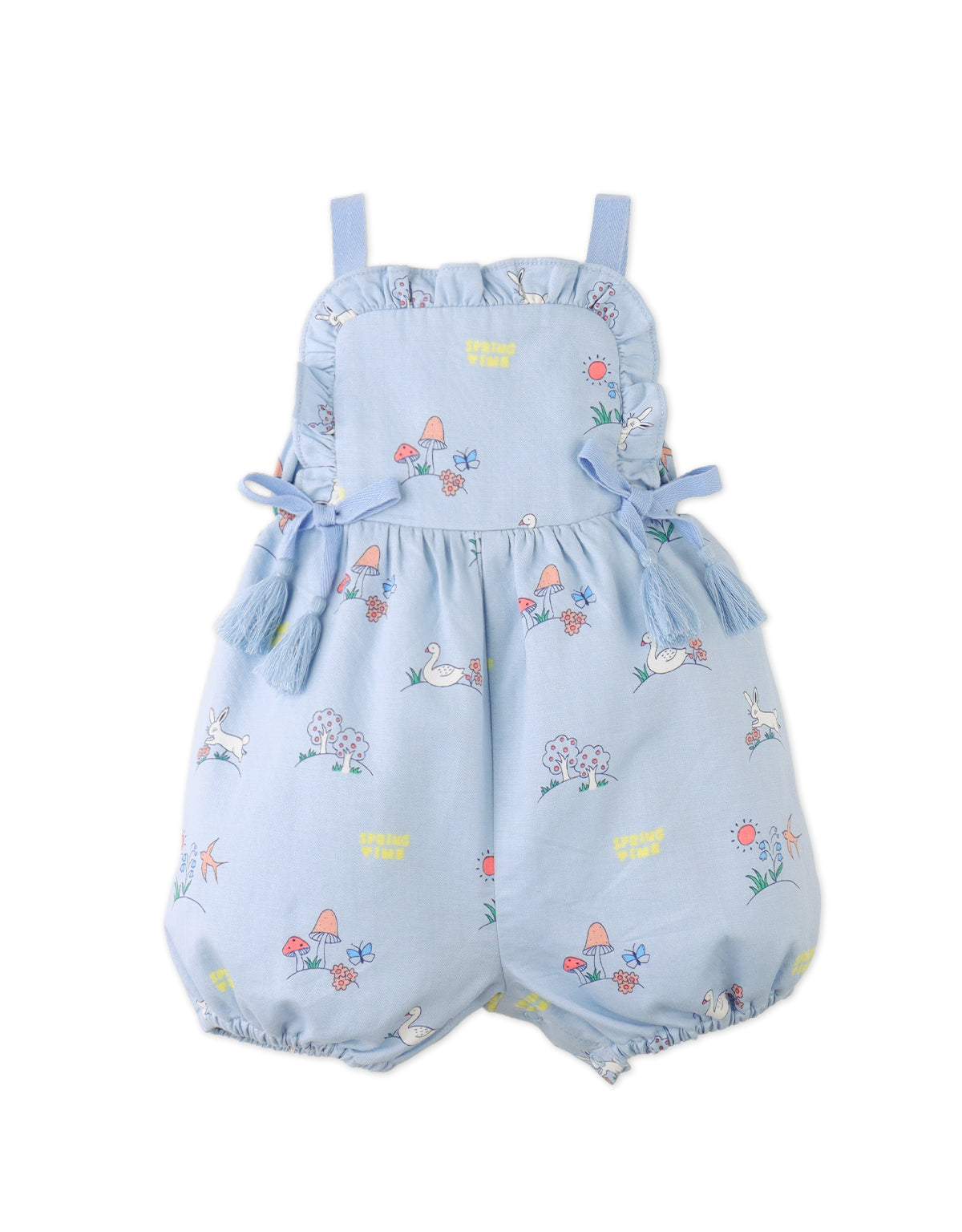 Campaign photo of the Baby Harvey All-Over Print Bubble Playsuit with Ribbon Ties for kids from the Spring Summer collection of Filipino kids fashion brand Gingersnaps Philippines, featuring playful bunny prints and a whimsical bubble silhouette.