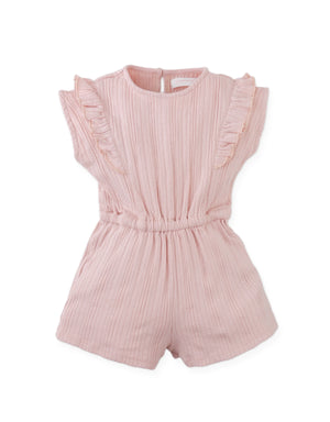 Details front photo of Baby Fleur Sleeveless Playsuit with ruffle details in pink, showing delicate ruffle trims and soft fabric texture, from the Holiday collection of Filipino kids fashion brand Gingersnaps Philippines.