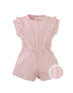 Full front photo of Baby Fleur Sleeveless Playsuit with ruffle details in pink, from the Holiday collection of Filipino kids fashion brand Gingersnaps Philippines.