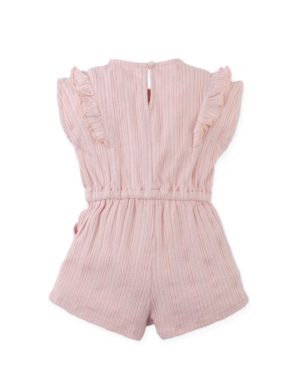 Full back photo of Baby Fleur Sleeveless Playsuit with ruffle details in pink, from the Holiday collection of Filipino kids fashion brand Gingersnaps Philippines.