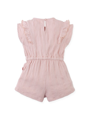 Full back photo of Baby Fleur Sleeveless Playsuit with ruffle details in pink, from the Holiday collection of Filipino kids fashion brand Gingersnaps Philippines.