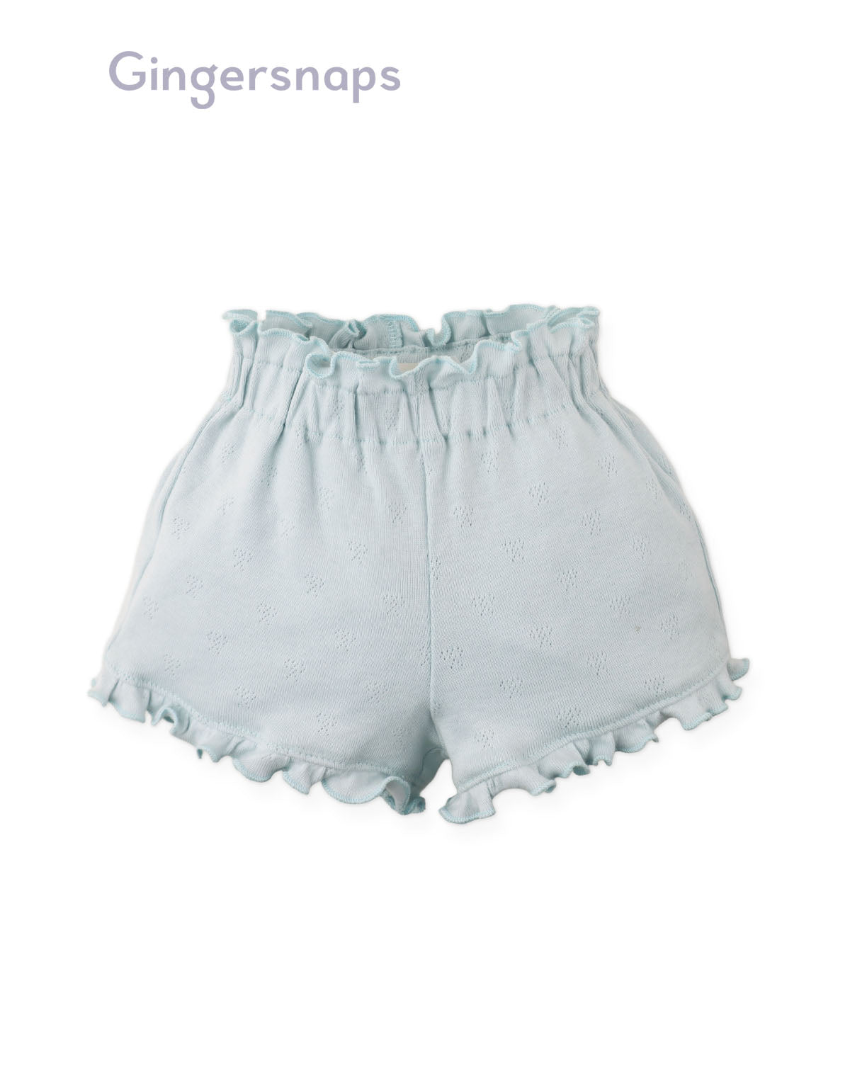 Full front photo of Baby Faye Shorts in pastel blue showing elasticized waistband and bow applique from the Holiday collection of Filipino kids fashion brand Gingersnaps Philippines.