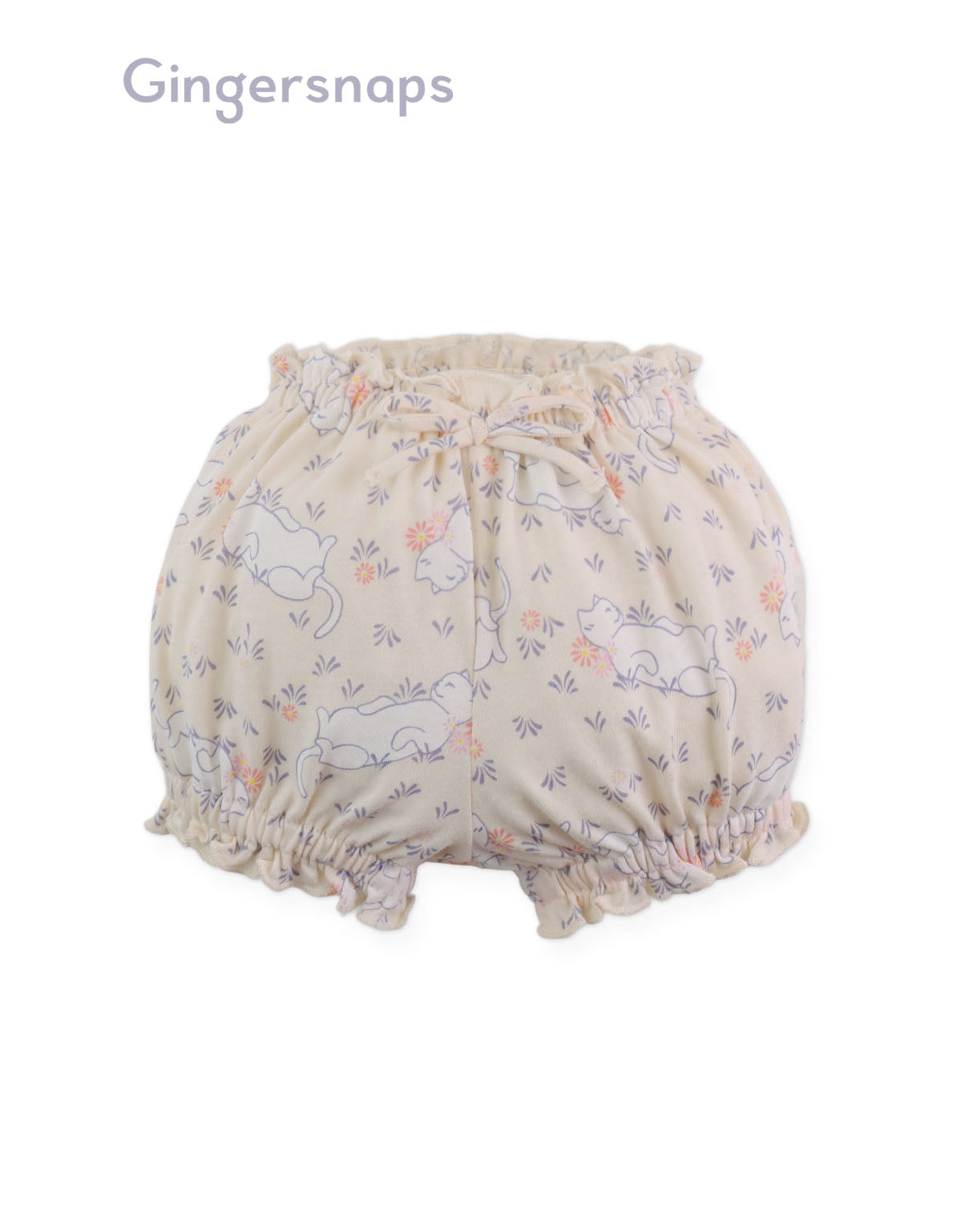 Full front photo of Baby Lyra Bloomers in printed design showing hem ruffles and bow applique from the Holiday collection of Filipino kids fashion brand Gingersnaps Philippines.
