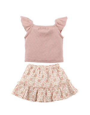 Full back view of pointelle jersey knit top with collar paired with floral printed skirt From Gingersnaps Floral Grace Collection