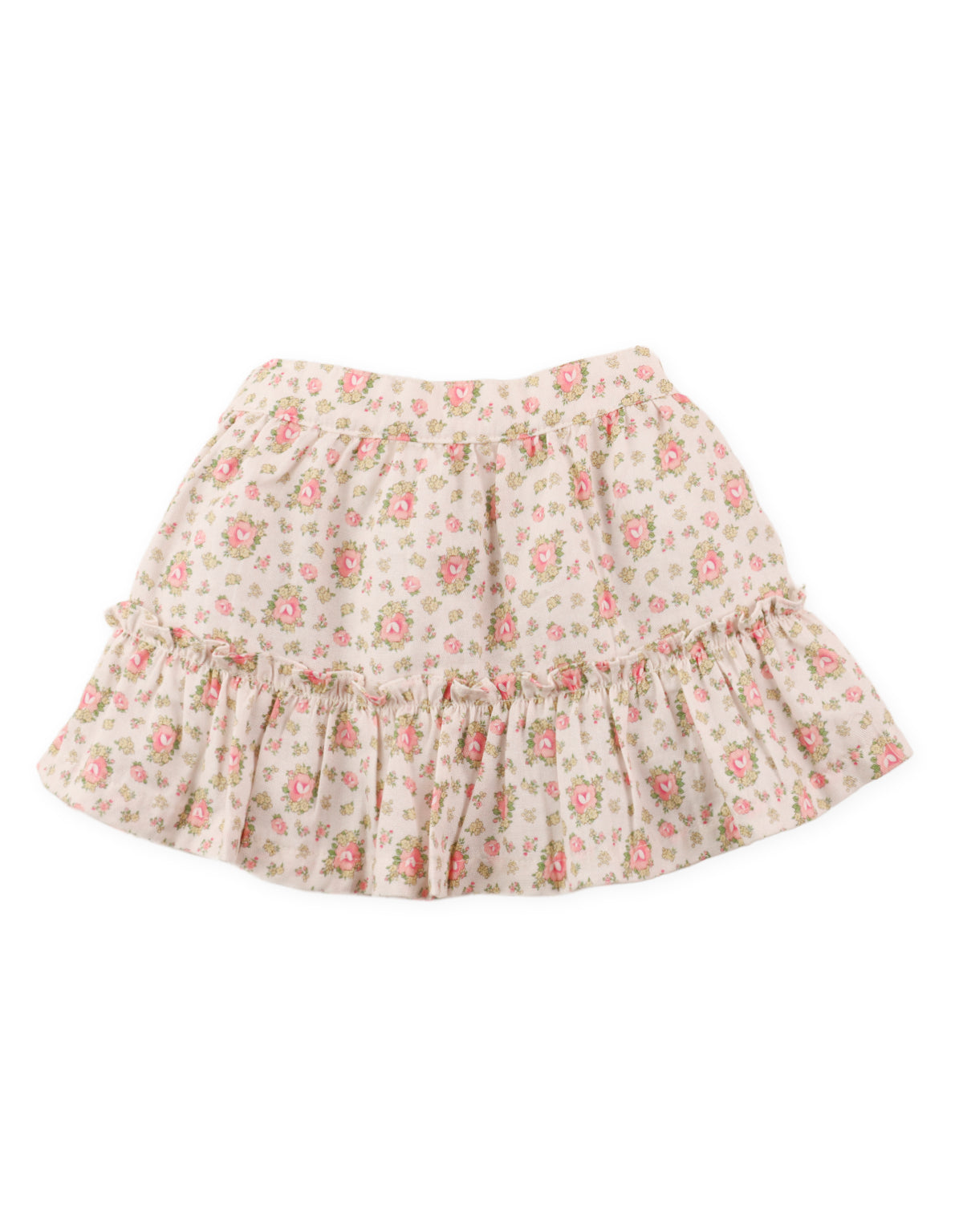 Close-up back detail of pointelle knit fabric and floral skirt waistband From Gingersnaps Floral Grace Collection