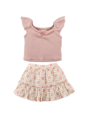 Full front view of pointelle knit jersey top with collar paired with floral printed skirt set From Gingersnaps Floral Grace Collection