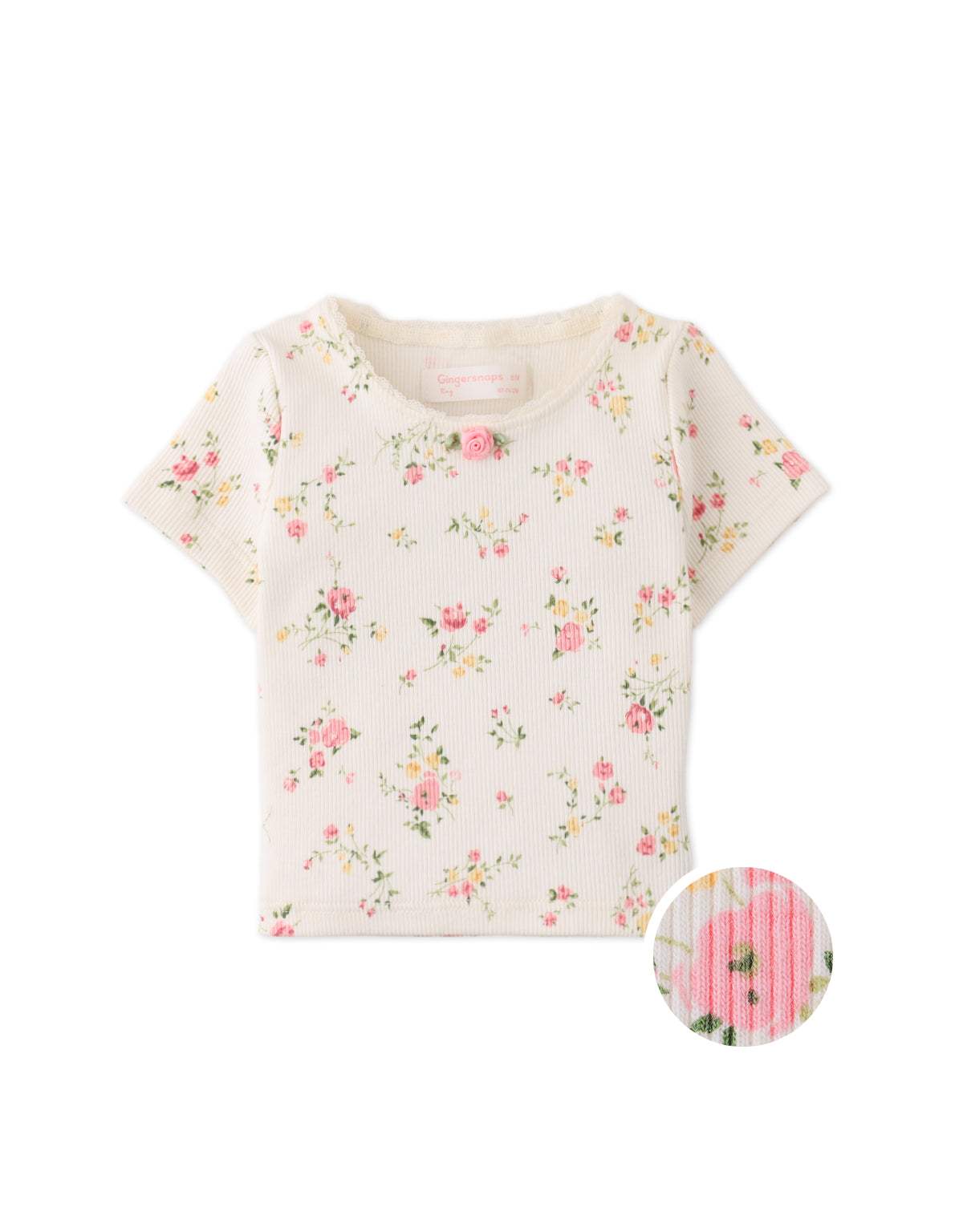 BABY DARA ALL-OVER PRINT TOP WITH LACE AND ROSETTE DETAILS