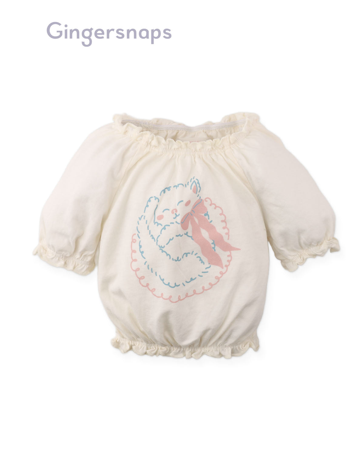 Full front photo of Baby Maru T-Shirt showing puff sleeves and cat graphics from the Holiday collection of Filipino kids fashion brand Gingersnaps Philippines.