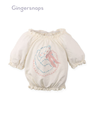 Full front photo of Baby Maru T-Shirt showing puff sleeves and cat graphics from the Holiday collection of Filipino kids fashion brand Gingersnaps Philippines.