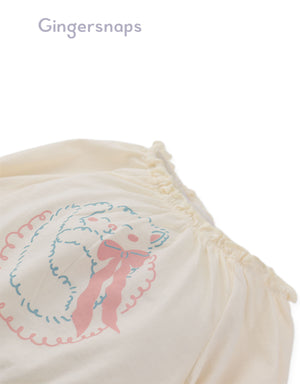 Details front photo of Baby Maru T-Shirt showing cat graphics and puff sleeve detail from the Holiday collection of Filipino kids fashion brand Gingersnaps Philippines.