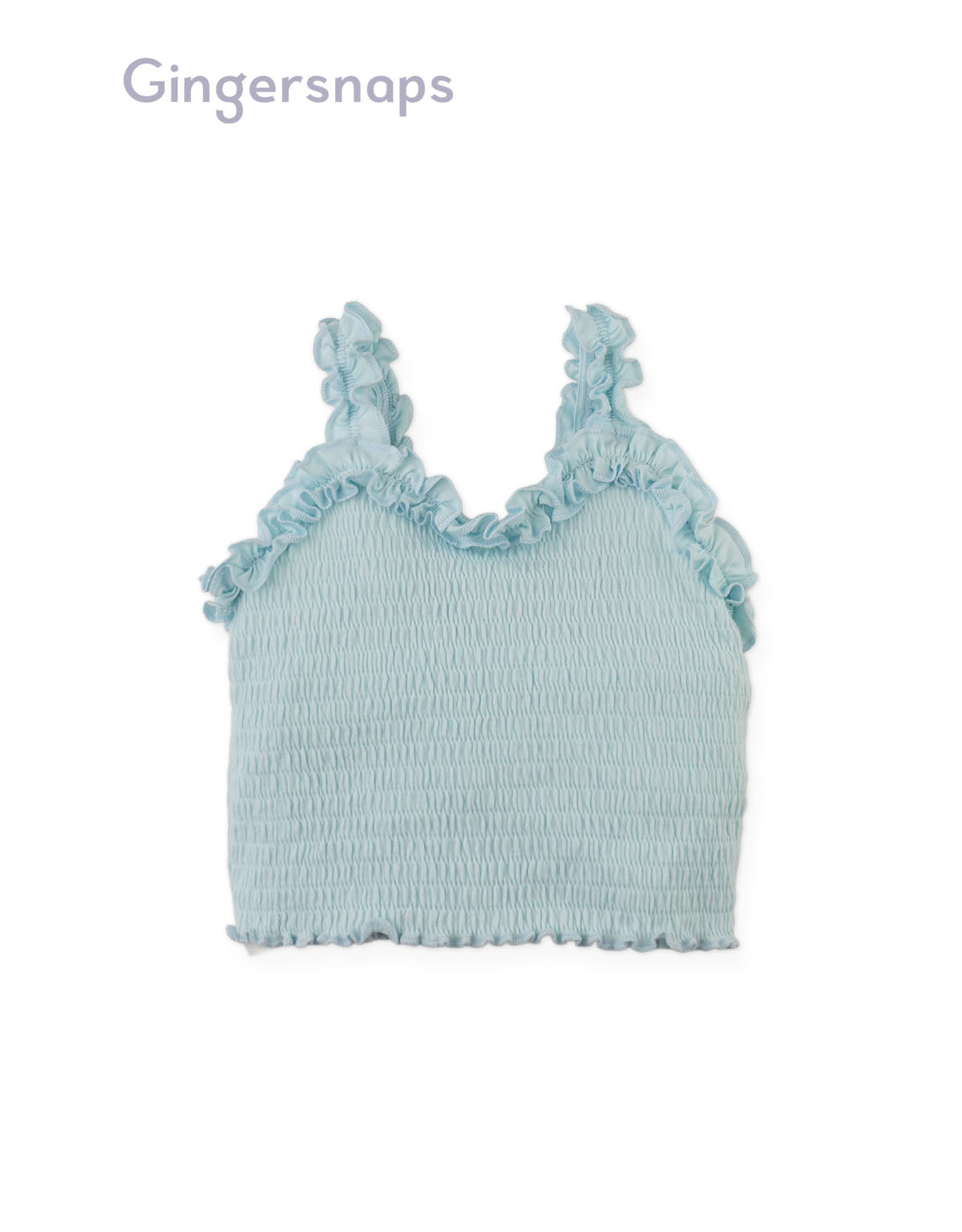 Full front photo of Baby Gigi Fully Smocked Tank Top in pastel blue showing fully smocked bodice and set-in ruffles from the Holiday collection of Filipino kids fashion brand Gingersnaps Philippines.