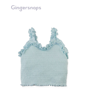 Full front photo of Baby Gigi Fully Smocked Tank Top in pastel blue showing fully smocked bodice and set-in ruffles from the Holiday collection of Filipino kids fashion brand Gingersnaps Philippines.