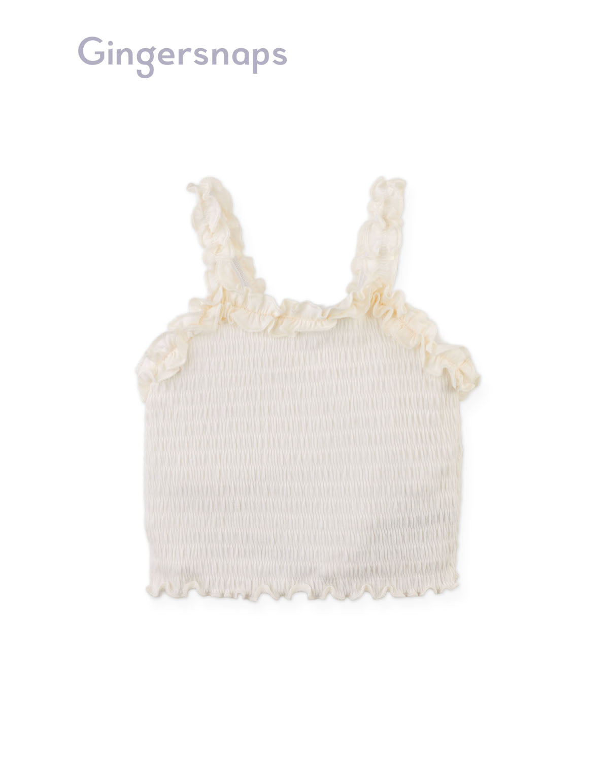 Full front photo of Baby Gigi Fully Smocked Tank Top in off-white showing fully smocked bodice and set-in ruffles from the Holiday collection of Filipino kids fashion brand Gingersnaps Philippines.