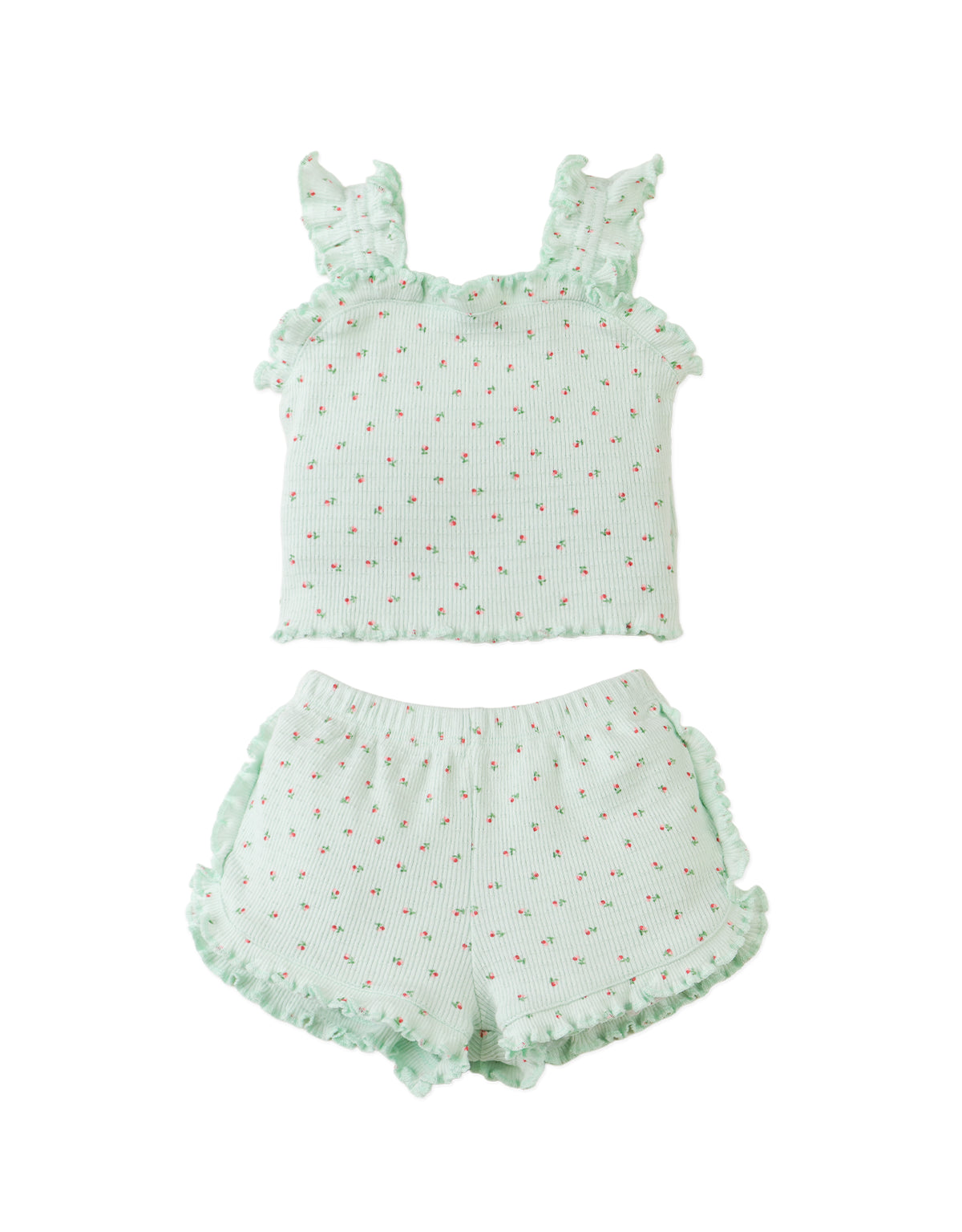 Details front photo of Baby Juliette Ruffled Top and Shorts Set, showing knotted ruffle details and soft printed fabric, from the Holiday collection of Filipino kids fashion brand Gingersnaps Philippines.