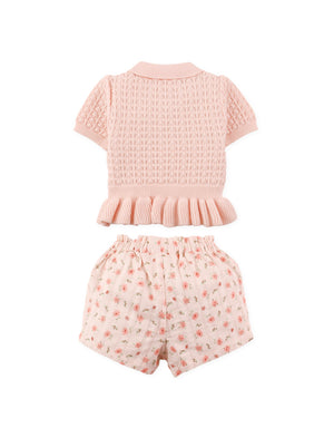Full back view of knitted peplum top with fitted waist paired with printed shorts From Gingersnaps Floral Grace Collection
