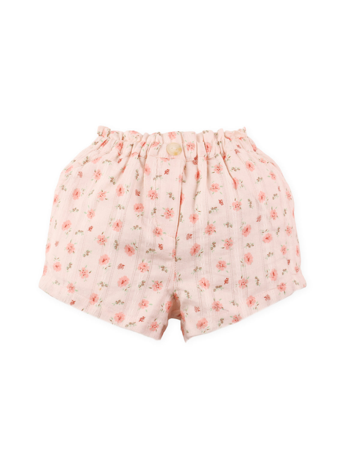 Close-up front detail of pointelle knit peplum top fabric and printed shorts From Gingersnaps Floral Grace Collection