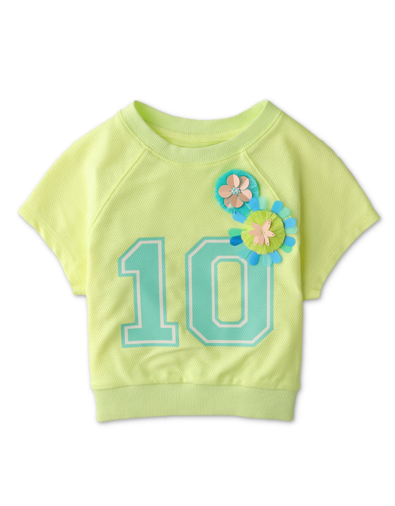 GIRLS JERSEY MESH TEE WITH FLORAL SEQUIN EMBELLISHMENTS