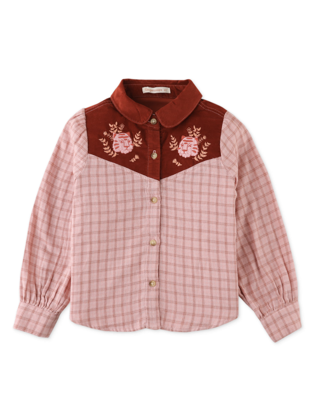 GIRLS BUTTON DOWN TOP WITH TIGER EMBROIDERY PINCORD YOKE