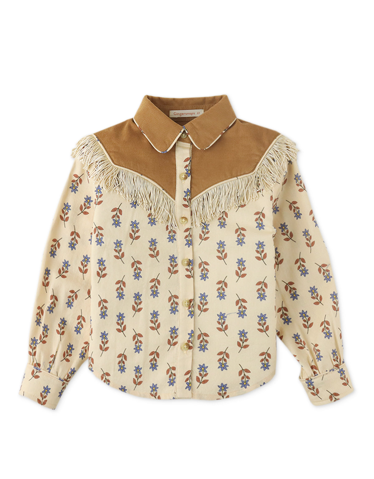 GIRLS PRINTED BUTTON DOWN SHIRT WITH FRINGES ON COMBI YOKE