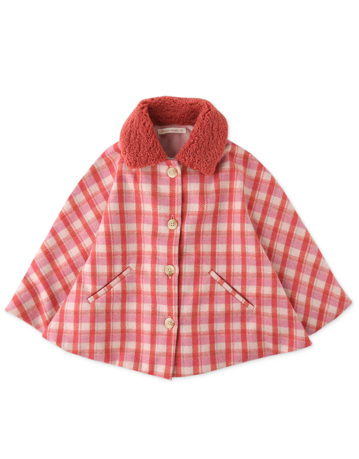 GIRLS PLAID WOOL CAPE WITH FAUX SHEARLING COLLAR