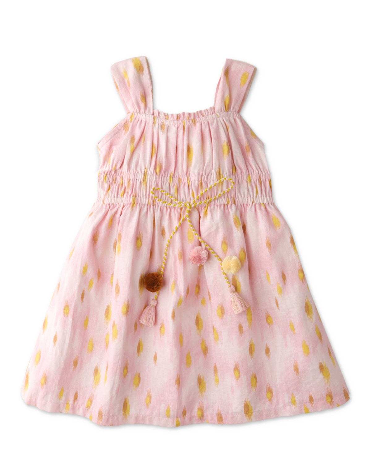 GIRLS IKAT  PRINT DRESS WITH POMPOMS TIE