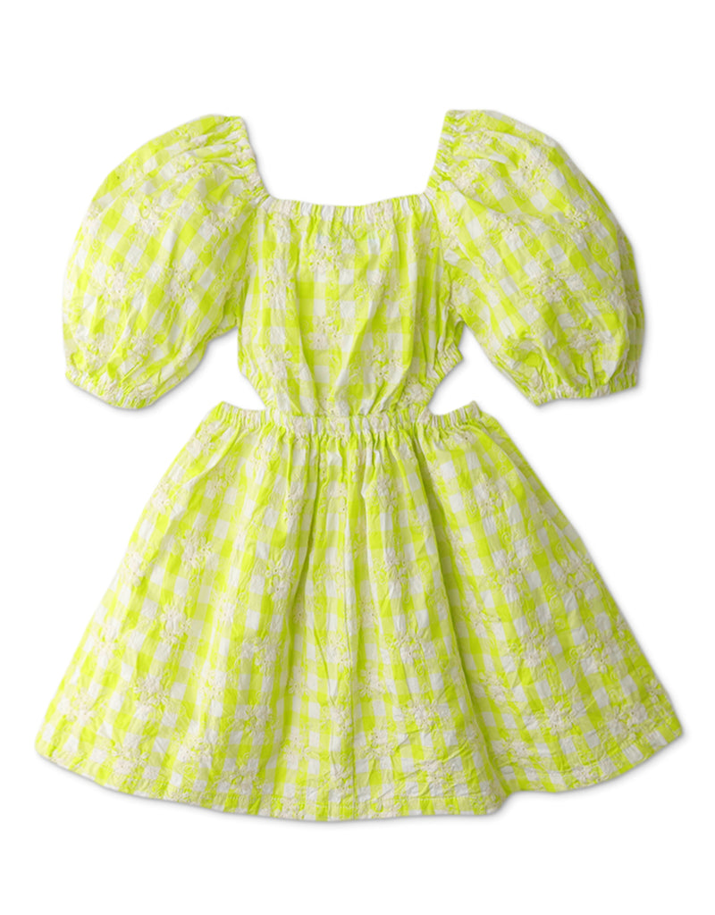 GIRLS GINGHAM EMBROIDERED EYELET CUT OUT DRESS