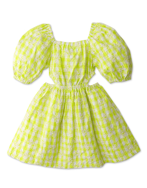GIRLS GINGHAM EMBROIDERED EYELET CUT OUT DRESS