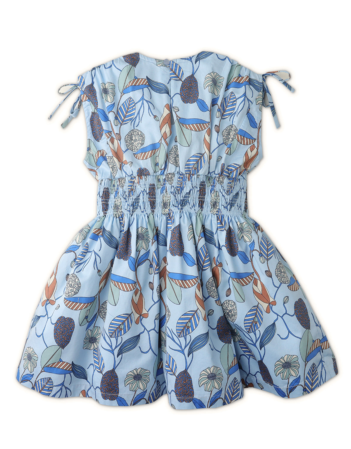 GIRLS RUCHED SHOULDERS PRINTED SMOCKED WAIST DRESS