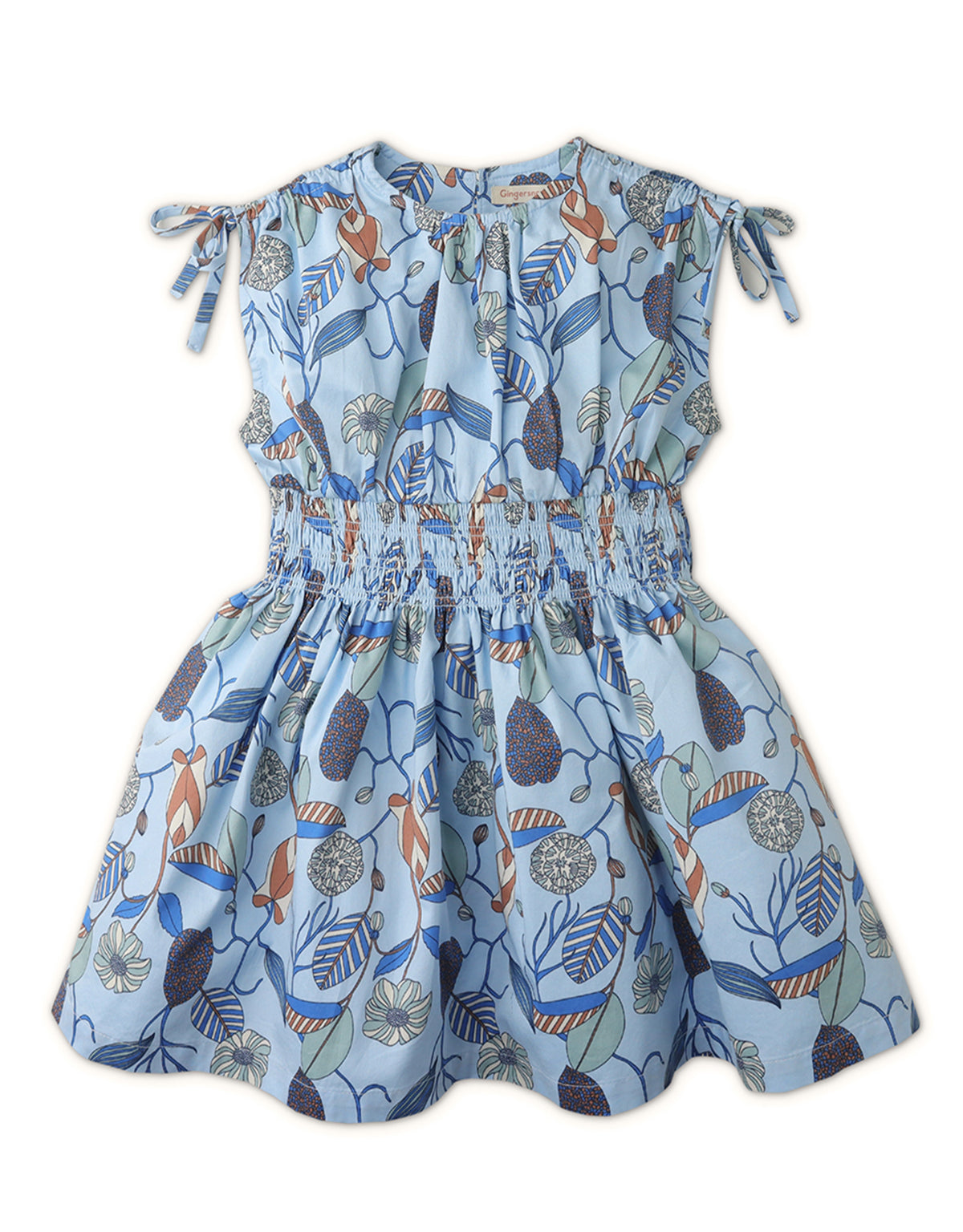 GIRLS RUCHED SHOULDERS PRINTED SMOCKED WAIST DRESS